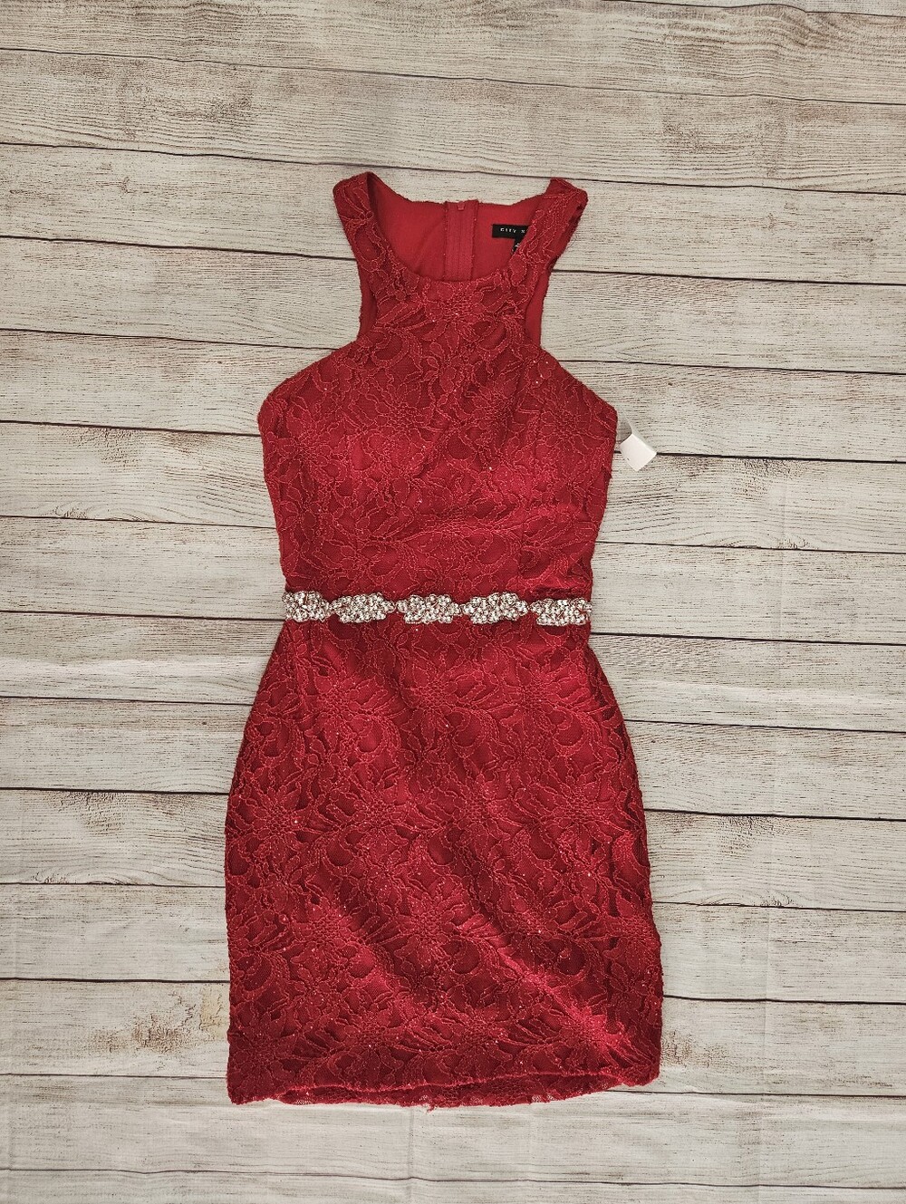Studio City Jr's Red Lace Halter Dress with Beaded Waist